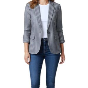 IPEKYOL Gray White Striped One Button Linen Blend Casual Career Blazer Size 8